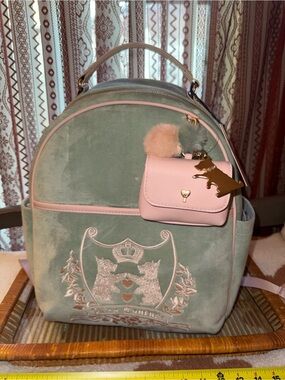 NWT Juicy Couture New Chapter Backpack velour in Frosty Green and pink color